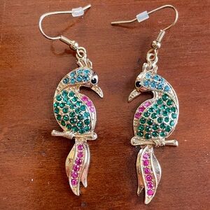 Gold Parrot Drop Earrings with Green and Pink Crystals